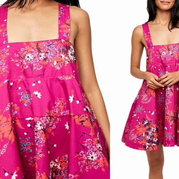 FREE PEOPLE COTTON BABYDOLL SQUARE NECK MINI DRESS IN POP COMBO FLORAL POP COMBO - Picture 5 of 13